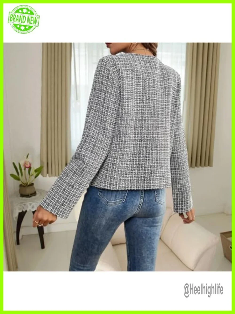 Tweed Blazer, Long Sleeve Round Neck, Business Casual Coat, Patch Pockets